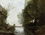 Jean-baptiste-camille Corot Canvas Paintings - Watercourse leading to the square tower